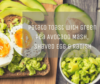 Potato Toast with Green Pea Avocado Mash, Shaved Egg & Radish